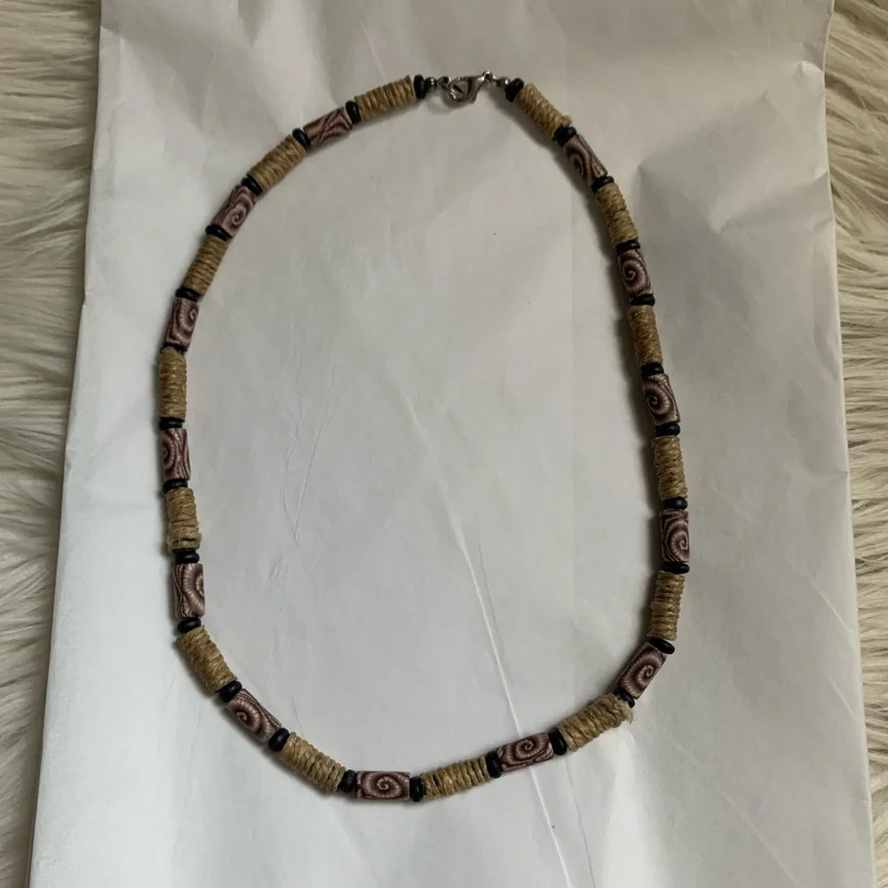 Handcrafted Beige and Black Beaded Necklace - Picture 3 of 7